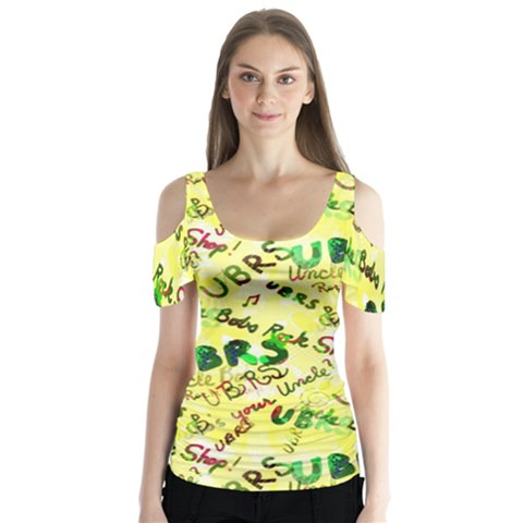 Ubrs Yellow Butterfly Sleeve Cutout Tee  by Rokinart