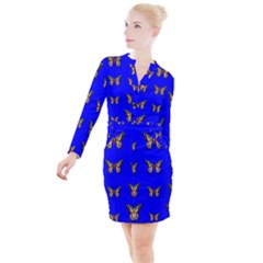 Butterfly Pattern Blue Insects Button Long Sleeve Dress by Vaneshart