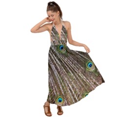 Peacock Feathers Pattern Colorful Backless Maxi Beach Dress by Vaneshart