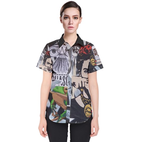 Frida Kahlo Brick Wall Graffiti Urban Art With Grunge Eye And Frog  Women s Short Sleeve Shirt by snek