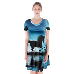 Wonderful Unicorn Silhouette In The Night Short Sleeve V-neck Flare Dress by FantasyWorld7