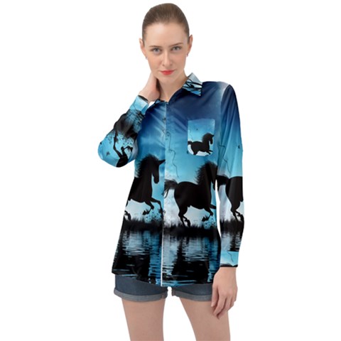 Wonderful Unicorn Silhouette In The Night Long Sleeve Satin Shirt by FantasyWorld7