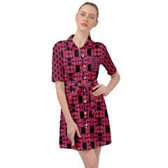 Red Black Abstract Pattern Belted Shirt Dress by BrightVibesDesign