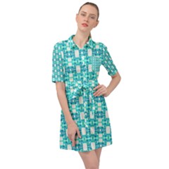 Teal White  Abstract Pattern Belted Shirt Dress by BrightVibesDesign