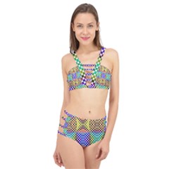 Colorful Circle Abstract White Brown Blue Yellow Cage Up Bikini Set by BrightVibesDesign