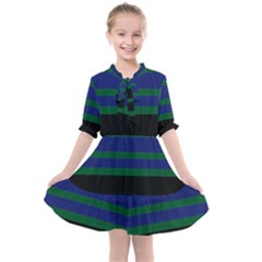 Black Stripes Green Olive Blue Kids  All Frills Chiffon Dress by BrightVibesDesign