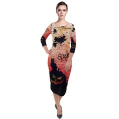 Funny Halloween Design, Cat, Pumpkin And Witch Quarter Sleeve Midi Velour Bodycon Dress by FantasyWorld7