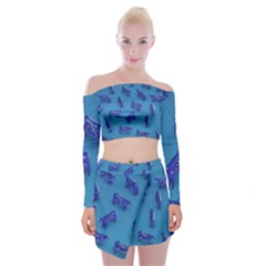 Cow Illustration Blue Off Shoulder Top With Mini Skirt Set by HermanTelo