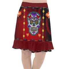 Awesome Sugar Skull With Hearts Fishtail Chiffon Skirt by FantasyWorld7