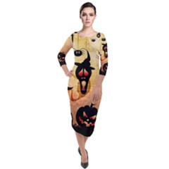 Funny Halloween Design, Pumpkin, Cat, Owl And Crow Quarter Sleeve Midi Velour Bodycon Dress by FantasyWorld7