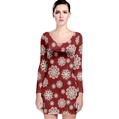 Snowflakes On Red Long Sleeve Velvet Bodycon Dress by bloomingvinedesign