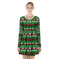 Snow Trees And Stripes Long Sleeve Velvet V-neck Dress by bloomingvinedesign