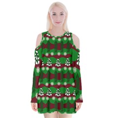 Snow Trees And Stripes Velvet Long Sleeve Shoulder Cutout Dress by bloomingvinedesign