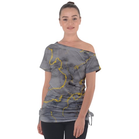 Marble Neon Retro Light Gray With Gold Yellow Veins Texture Floor Background Retro Neon 80s Style Neon Colors Print Luxuous Real Marble Tie-up Tee by genx