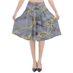 Marble Neon Retro Light Gray With Gold Yellow Veins Texture Floor Background Retro Neon 80s Style Neon Colors Print Luxuous Real Marble Flared Midi Skirt by genx