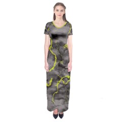 Marble Light Gray With Green Lime Veins Texture Floor Background Retro Neon 80s Style Neon Colors Print Luxuous Real Marble Short Sleeve Maxi Dress by genx