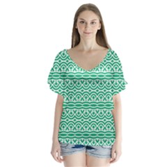 Pattern Green V-neck Flutter Sleeve Top by Mariart