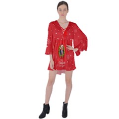 Make Christmas Great Again With Trump Face Maga V-neck Flare Sleeve Mini Dress by snek