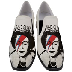 Banksy Graffiti Uk England God Save The Queen Elisabeth With David Bowie Rockband Face Makeup Ziggy Stardust Women Slip On Heel Loafers by snek