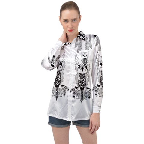 Cute Little Mandala Owl Long Sleeve Satin Shirt by FantasyWorld7