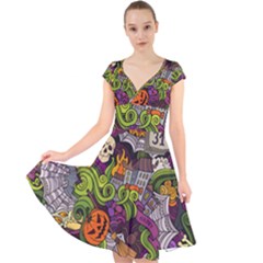 Halloween Doodle Vector Seamless Pattern Cap Sleeve Front Wrap Midi Dress by Sobalvarro