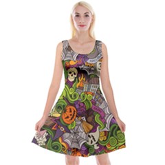 Halloween Doodle Vector Seamless Pattern Reversible Velvet Sleeveless Dress by Sobalvarro