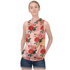 Pattern Flower Paper High Neck Satin Top by HermanTelo