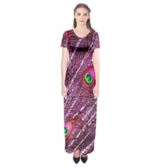 Peacock Feathers Color Plumage Short Sleeve Maxi Dress by Sapixe