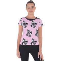 French France Fleur De Lys Metal Pattern Black And White Antique Vintage Pink And Black Rocker Short Sleeve Sports Top  by Quebec