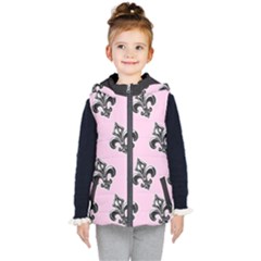 French France Fleur De Lys Metal Pattern Black And White Antique Vintage Pink And Black Rocker Kids  Hooded Puffer Vest by Quebec