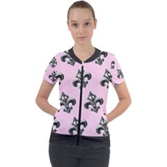 French France Fleur De Lys Metal Pattern Black And White Antique Vintage Pink And Black Rocker Short Sleeve Zip Up Jacket by Quebec