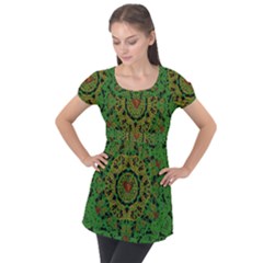 Love The Hearts  Mandala On Green Puff Sleeve Tunic Top by pepitasart