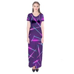 Retrowave Aesthetic Vaporwave Retro Memphis Pattern 80s Design Geometric Shapes Futurist Purple Pink Blue Neon Light Short Sleeve Maxi Dress by genx