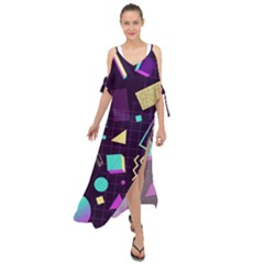 Retrowave Aesthetic Vaporwave Retro Memphis Pattern 80s Design 3d Geometric Shapes Maxi Chiffon Cover Up Dress by genx