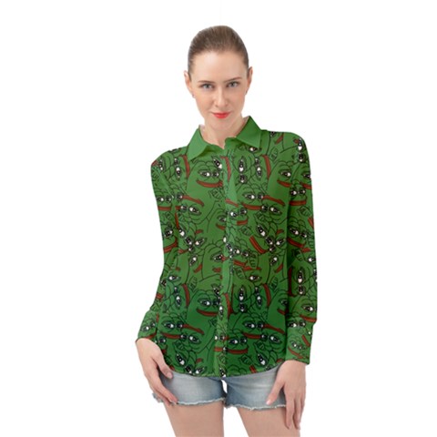 Pepe The Frog Perfect A-ok Handsign Pattern Praise Kek Kekistan Smug Smile Meme Green Background Long Sleeve Chiffon Shirt by snek