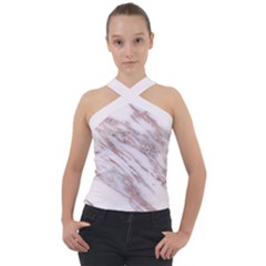 Marble With Metallic Rose Gold Intrusions On Gray White Stone Texture Pastel Pink Background Cross Neck Velour Top by genx