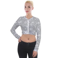 Silver And White Glitters Metallic Finish Party Texture Background Imitation Long Sleeve Cropped Velvet Jacket by genx