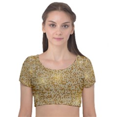 Retro Gold Glitters Golden Disco Ball Optical Illusion Velvet Short Sleeve Crop Top  by genx