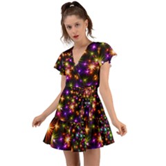 Star Colorful Christmas Abstract Flutter Sleeve Wrap Dress by Wegoenart