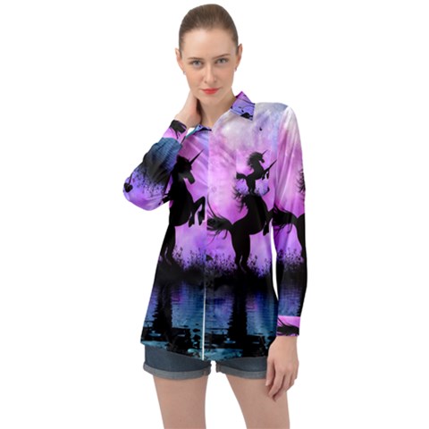 Wonderful Unicorn With Fairy In The Night Long Sleeve Satin Shirt by FantasyWorld7