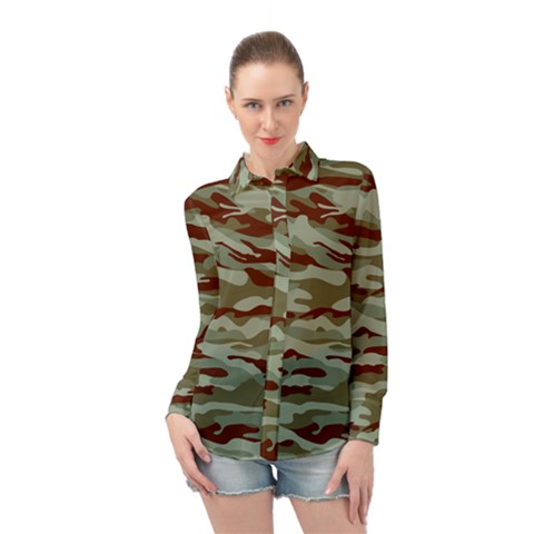 Brown And Green Camo Long Sleeve Chiffon Shirt by McCallaCoultureArmyShop