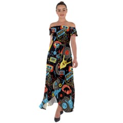 Music Pattern Off Shoulder Open Front Chiffon Dress by Sapixe