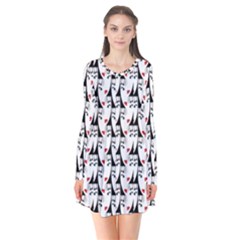 Cartoon Style Asian Woman Portrait Collage Pattern Long Sleeve V-neck Flare Dress by dflcprintsclothing