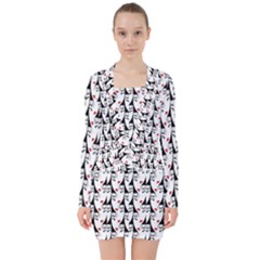 Cartoon Style Asian Woman Portrait Collage Pattern V-neck Bodycon Long Sleeve Dress by dflcprintsclothing