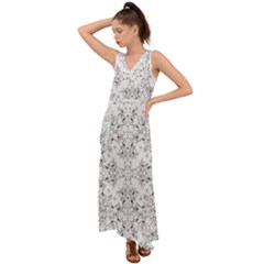 Black And White Decorative Ornate Pattern V-neck Chiffon Maxi Dress by dflcprintsclothing