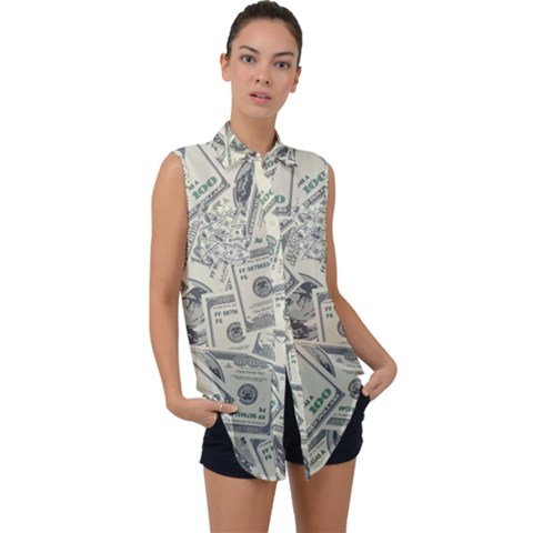 100 Dollar Bills Sleeveless Chiffon Button Shirt by myuique