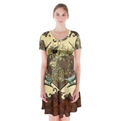 Wonderful Deer With Leaves And Hearts Short Sleeve V-neck Flare Dress by FantasyWorld7