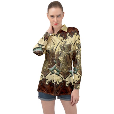 Wonderful Deer With Leaves And Hearts Long Sleeve Satin Shirt by FantasyWorld7