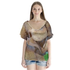 Close Up Mushroom Abstract V-neck Flutter Sleeve Top by Fractalsandkaleidoscopes