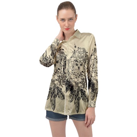 Owl On A Dreamcatcher Long Sleeve Satin Shirt by FantasyWorld7